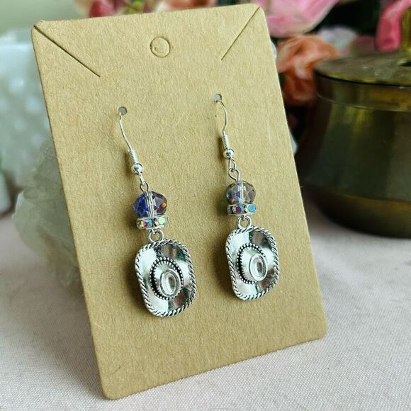 Cowboy Hat Dangle Purple Rhinestone Earrings .925 Sterling Silver - Picture 1 of 4